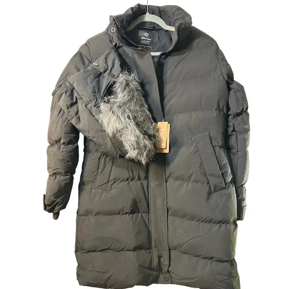 Women's Insulated Winter Parka with Detachable Faux Fur Hood - Black - Size M